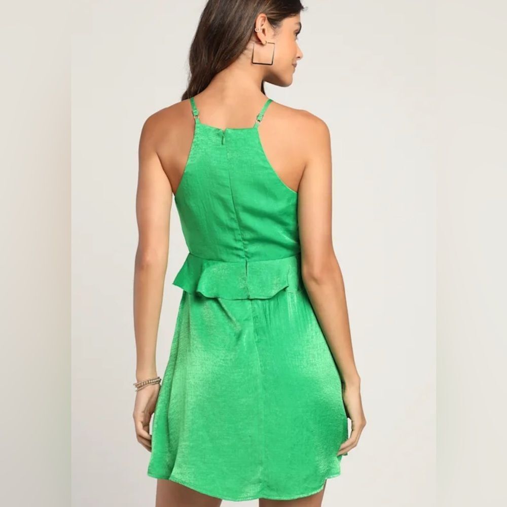 Lulus Looking Luxe Green Satin Peplum Flounce Mini Dress Size XS - Picture 4 of 10